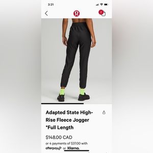 Lululemon Black Adapted High Rise Fleece Joggers Full Length Size 4